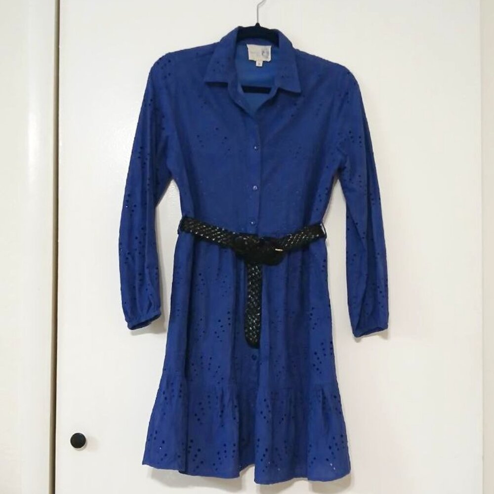 American Flirt Blue Cotton Eyelet Shirt Dress with Lining + Free Belt Size S